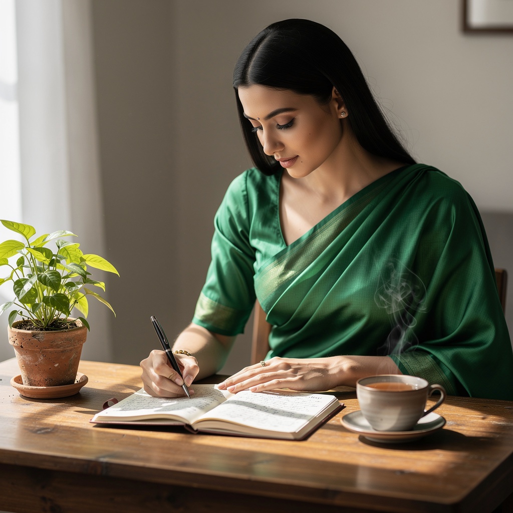 Woman in saree at a desk journaling about Brahmi