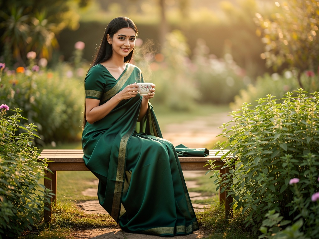 Woman in saree on a garden bench with Brahmi tea