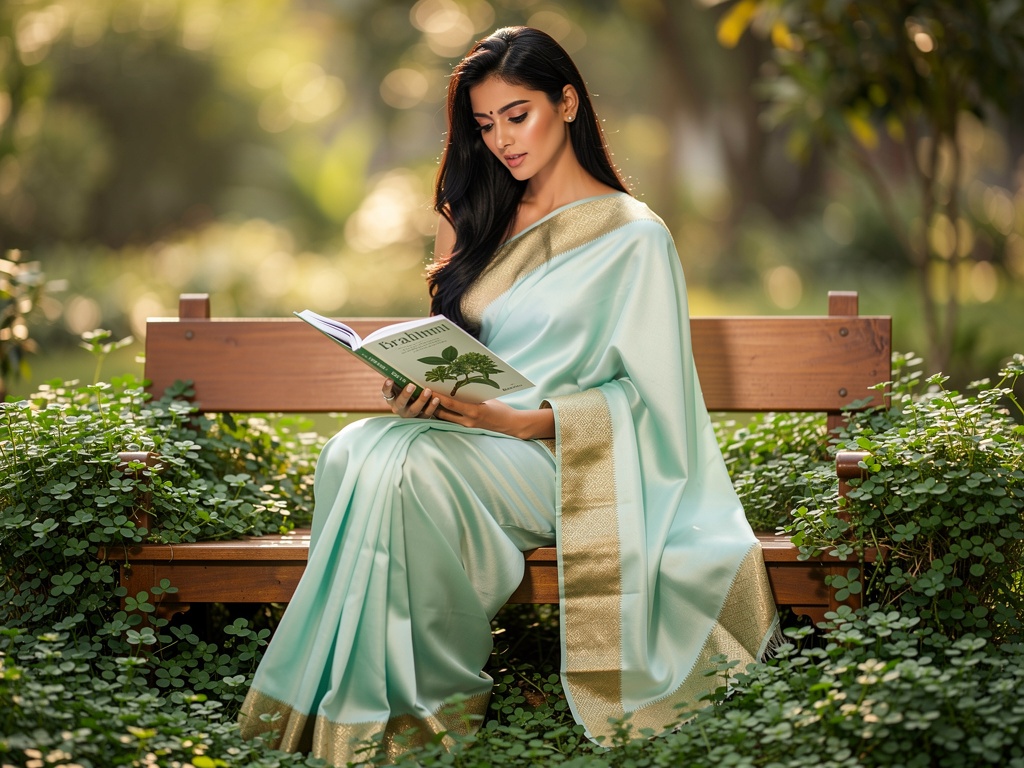 Woman in saree reading in the garden