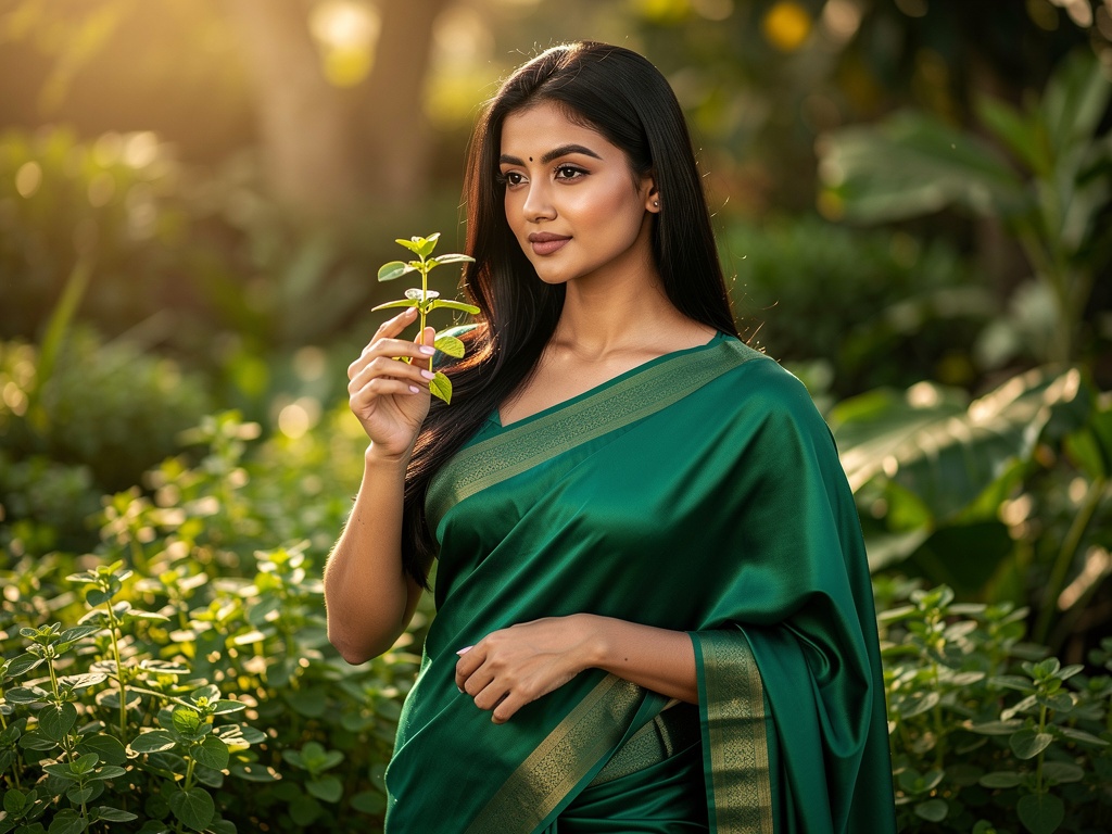 Woman in saree in a garden with medicinal plants