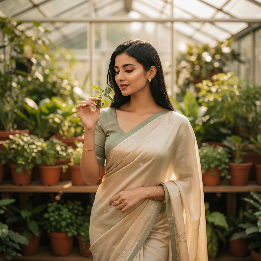 Woman in saree in a greenhouse with Brahmi plants