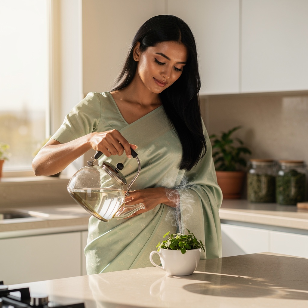 Woman in saree pouring Brahmi tea into a cup