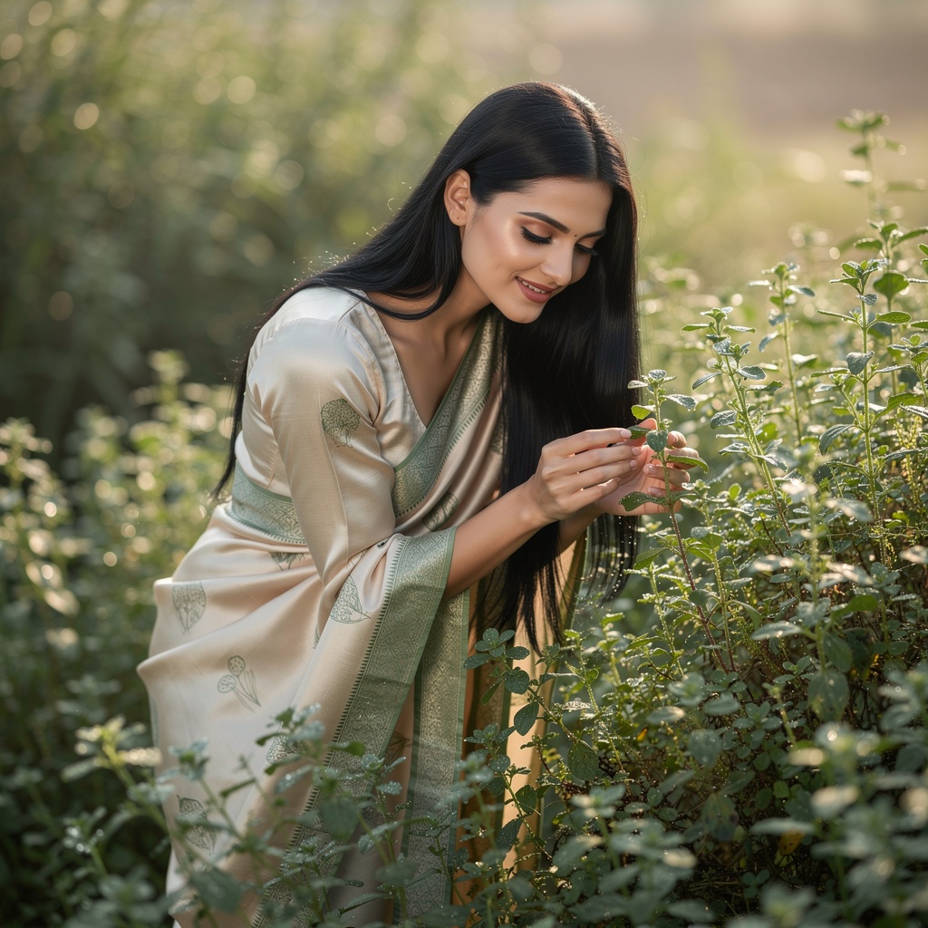 Woman in saree gently touching Brahmi leaves