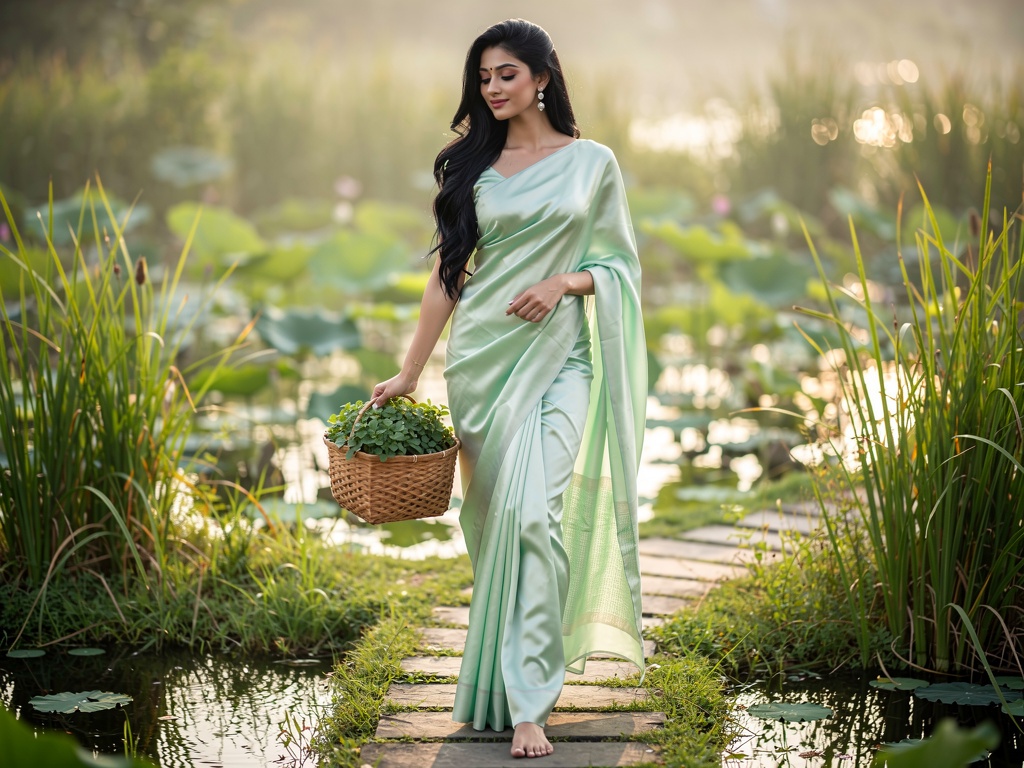 Woman with basket of Brahmi leaves in wetland