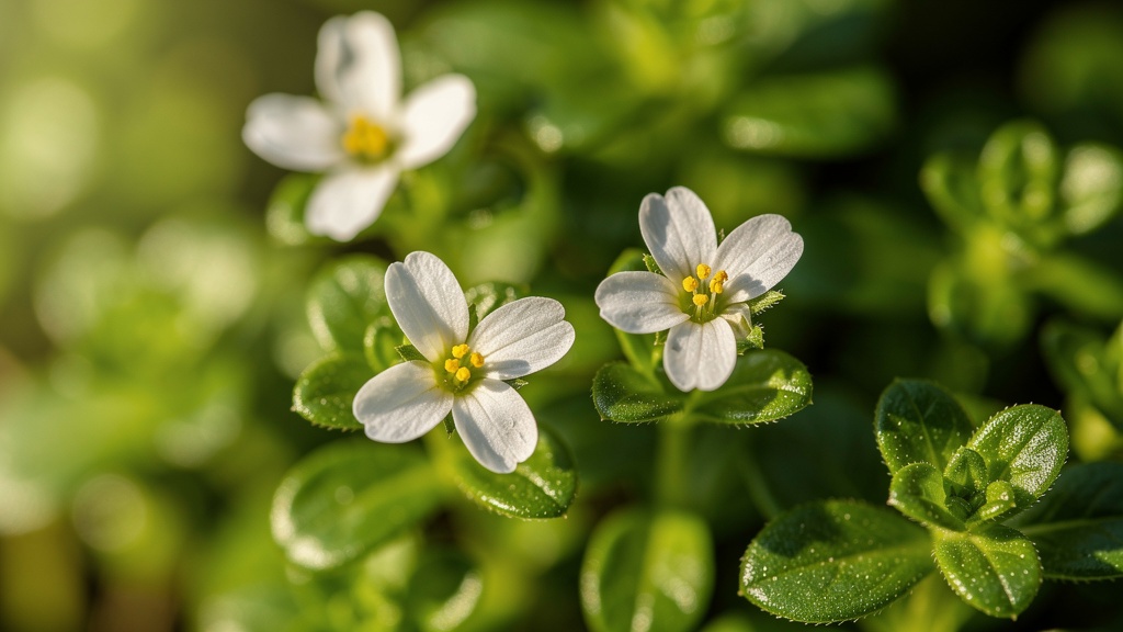 Brahmi white flower blooming among green leaves