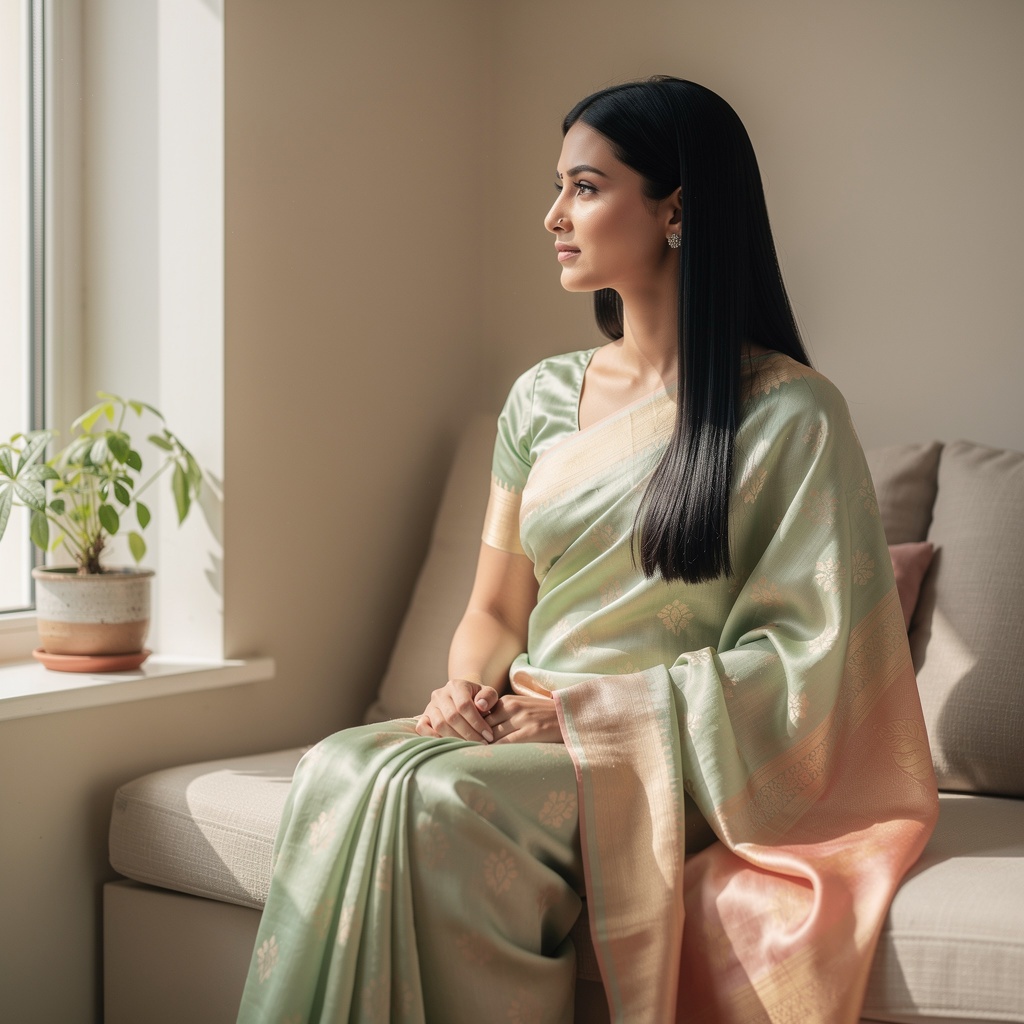 Woman in saree sitting by a window with Brahmi plant