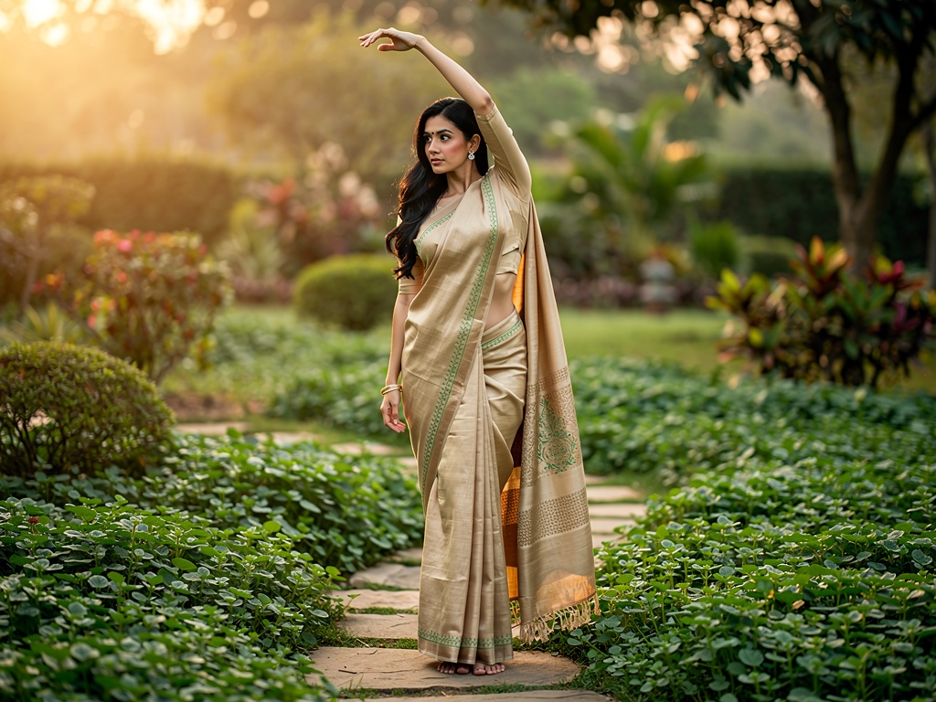 Woman in saree doing yoga in a garden for cognitive wellness